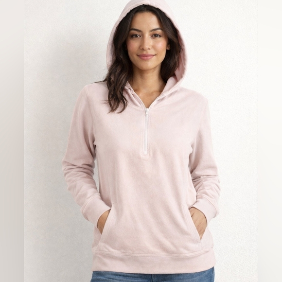 Tommy Hilfiger Tops - TOMMY HILFIGER Pink Velour Pullover 1/4 Zip Hoodie Sweatshirt Womens Large
